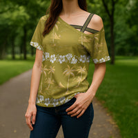 Yellow Hawaii Palm Tree Hibiscus Cross Shoulder Shirt Fantasy Summer Vibe