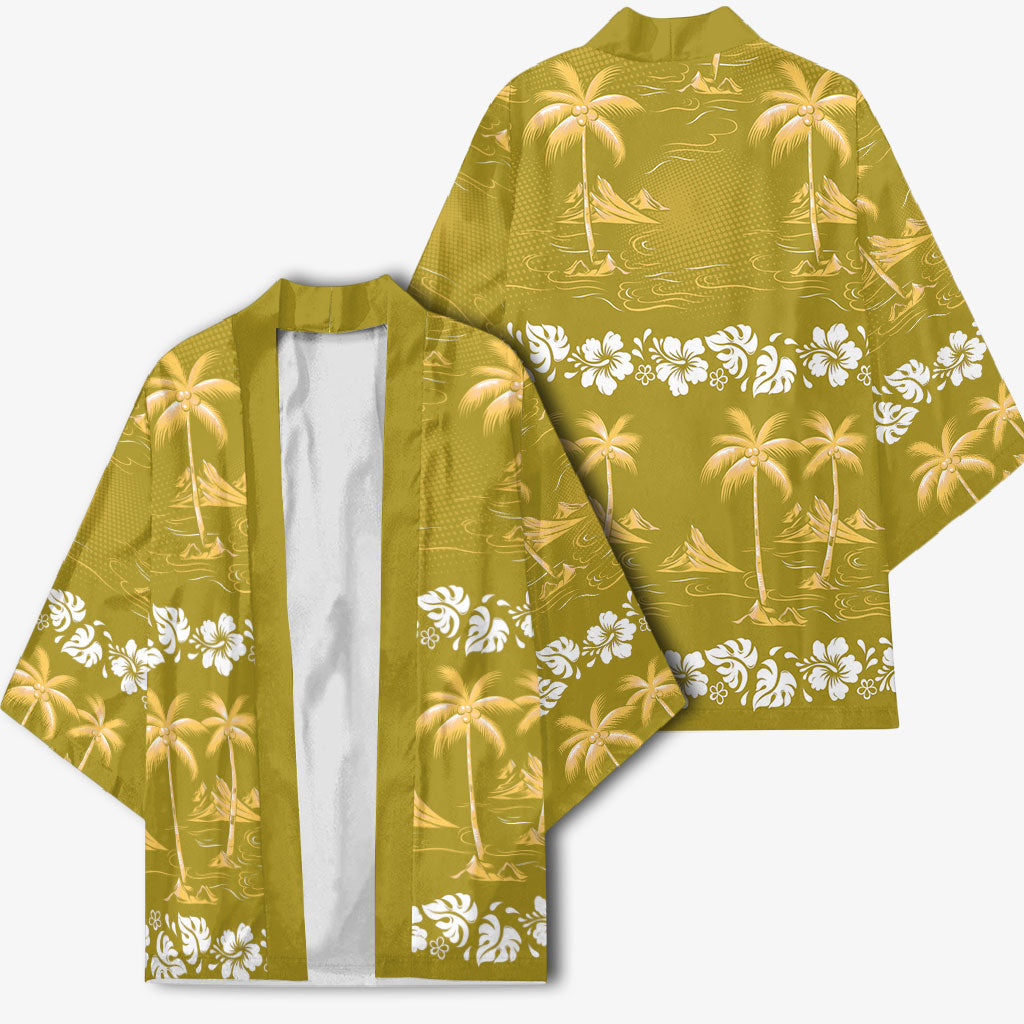Yellow Hawaii Palm Tree Hibiscus Kimono Fantasy Summer Vibe