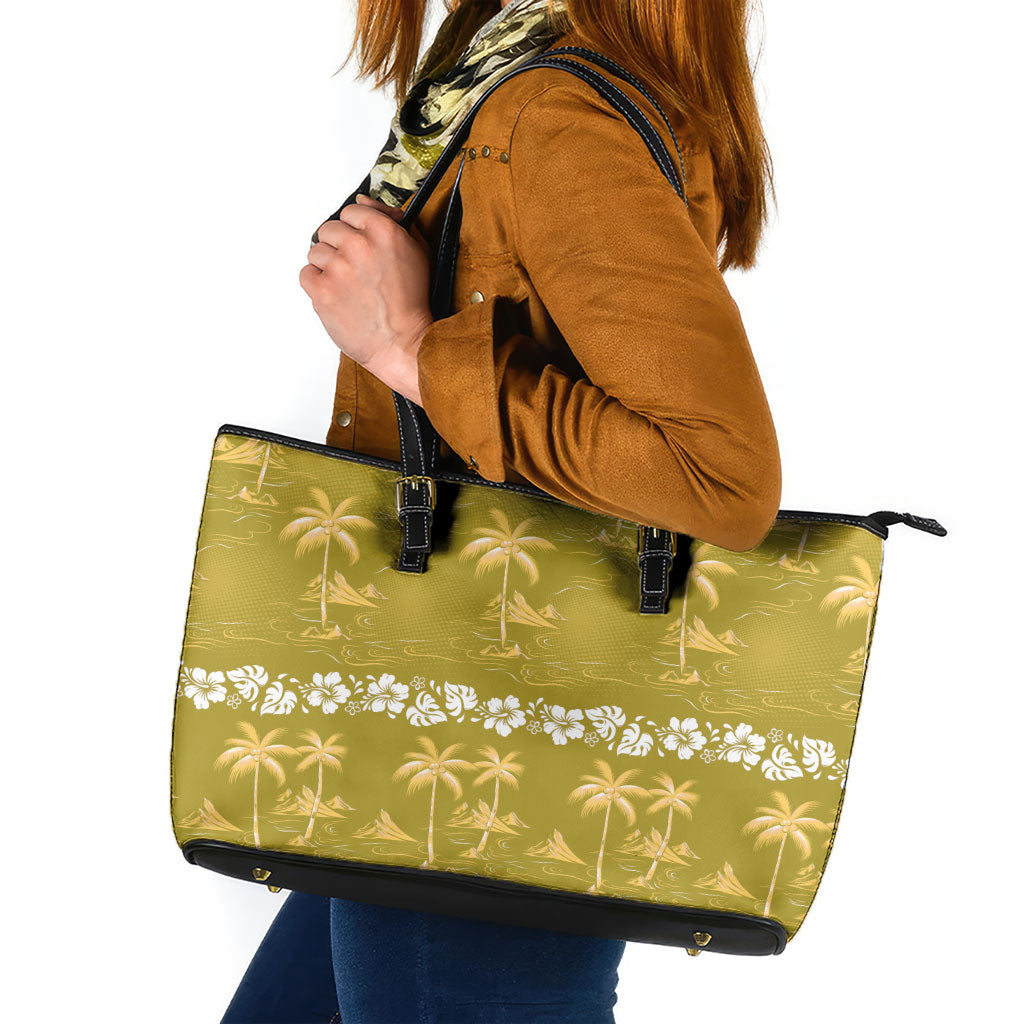 Yellow Hawaii Palm Tree Hibiscus Leather Tote Bag Fantasy Summer Vibe