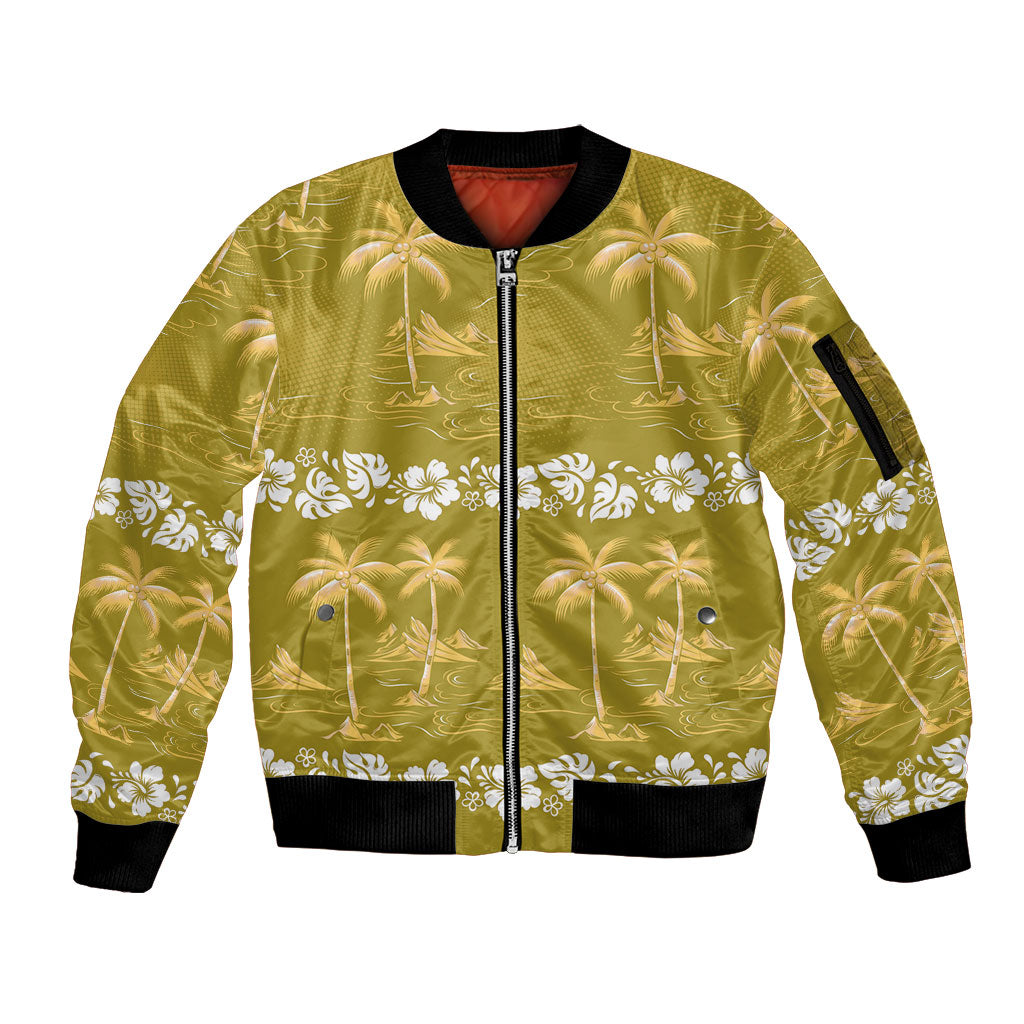 Yellow Hawaii Palm Tree Hibiscus Sleeve Zip Bomber Jacket Fantasy Summer Vibe