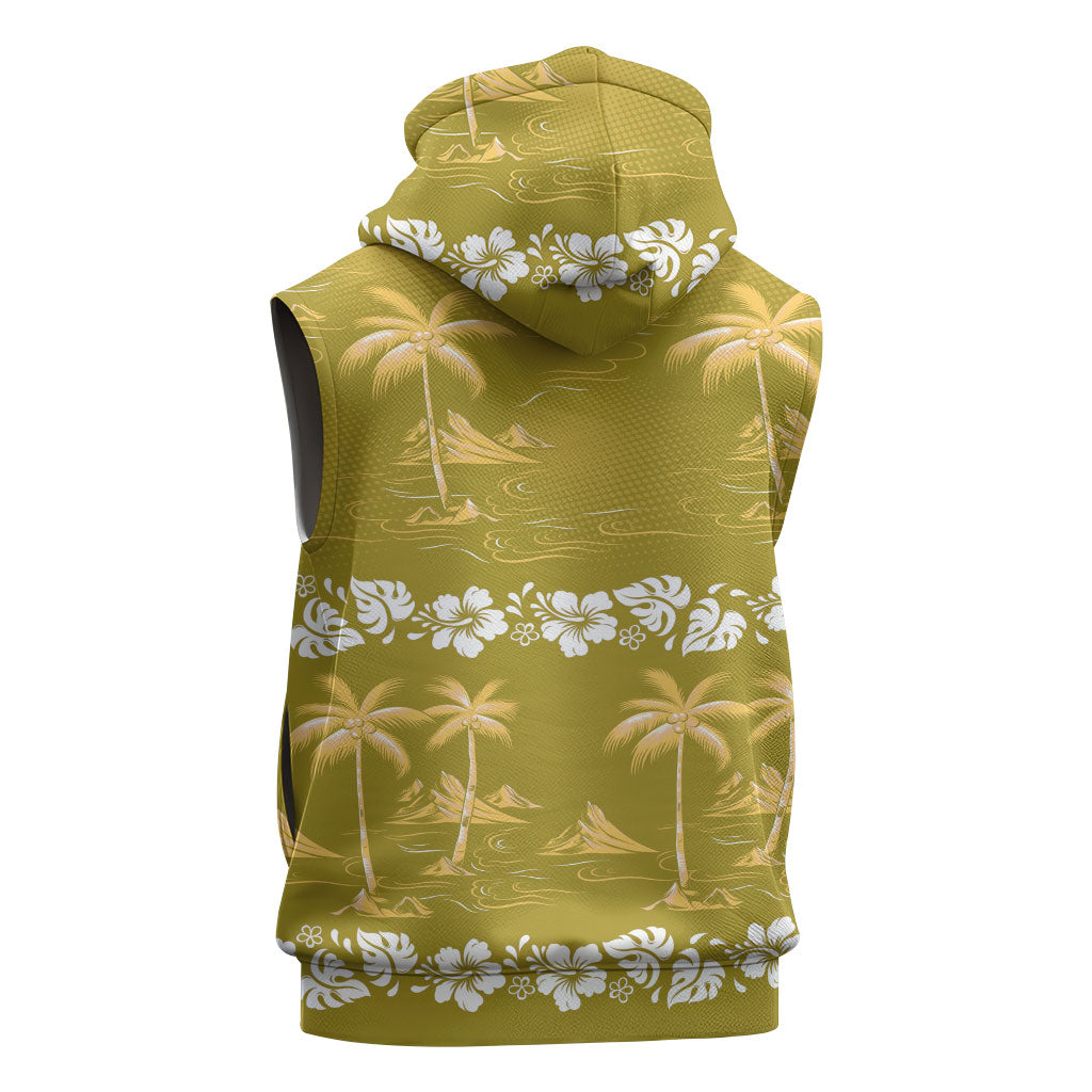 Yellow Hawaii Palm Tree Hibiscus Sleeveless Hoodie Fantasy Summer Vibe