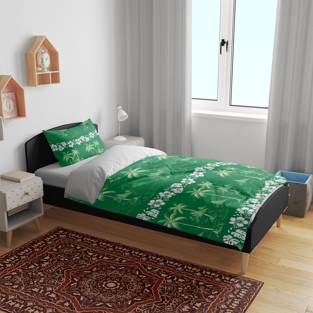 Green Hawaii Palm Tree Hibiscus Bedding Set Fantasy Summer Vibe