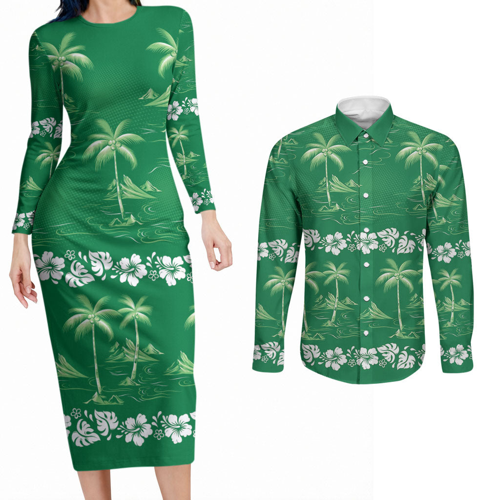 Green Hawaii Palm Tree Hibiscus Couples Matching Long Sleeve Bodycon Dress and Long Sleeve Button Shirt Fantasy Summer Vibe