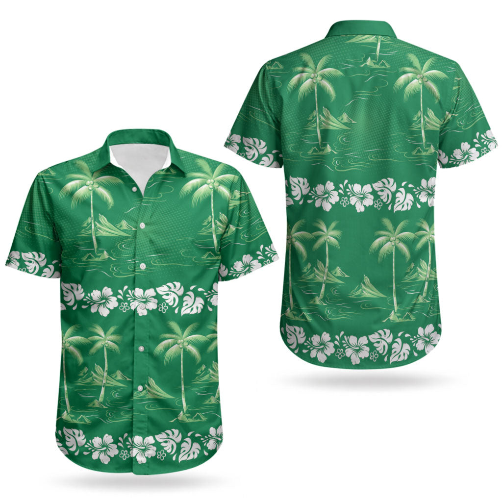 Green Hawaii Palm Tree Hibiscus Couples Matching Off Shoulder Maxi Dress and Hawaiian Shirt Fantasy Summer Vibe LT01 - Polynesian Pride