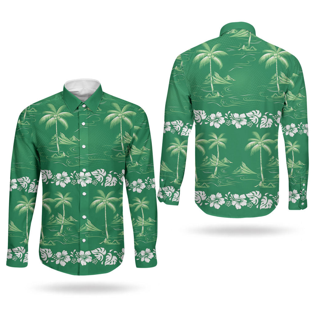 Green Hawaii Palm Tree Hibiscus Couples Matching Off Shoulder Short Dress and Long Sleeve Button Shirt Fantasy Summer Vibe LT01 - Polynesian Pride