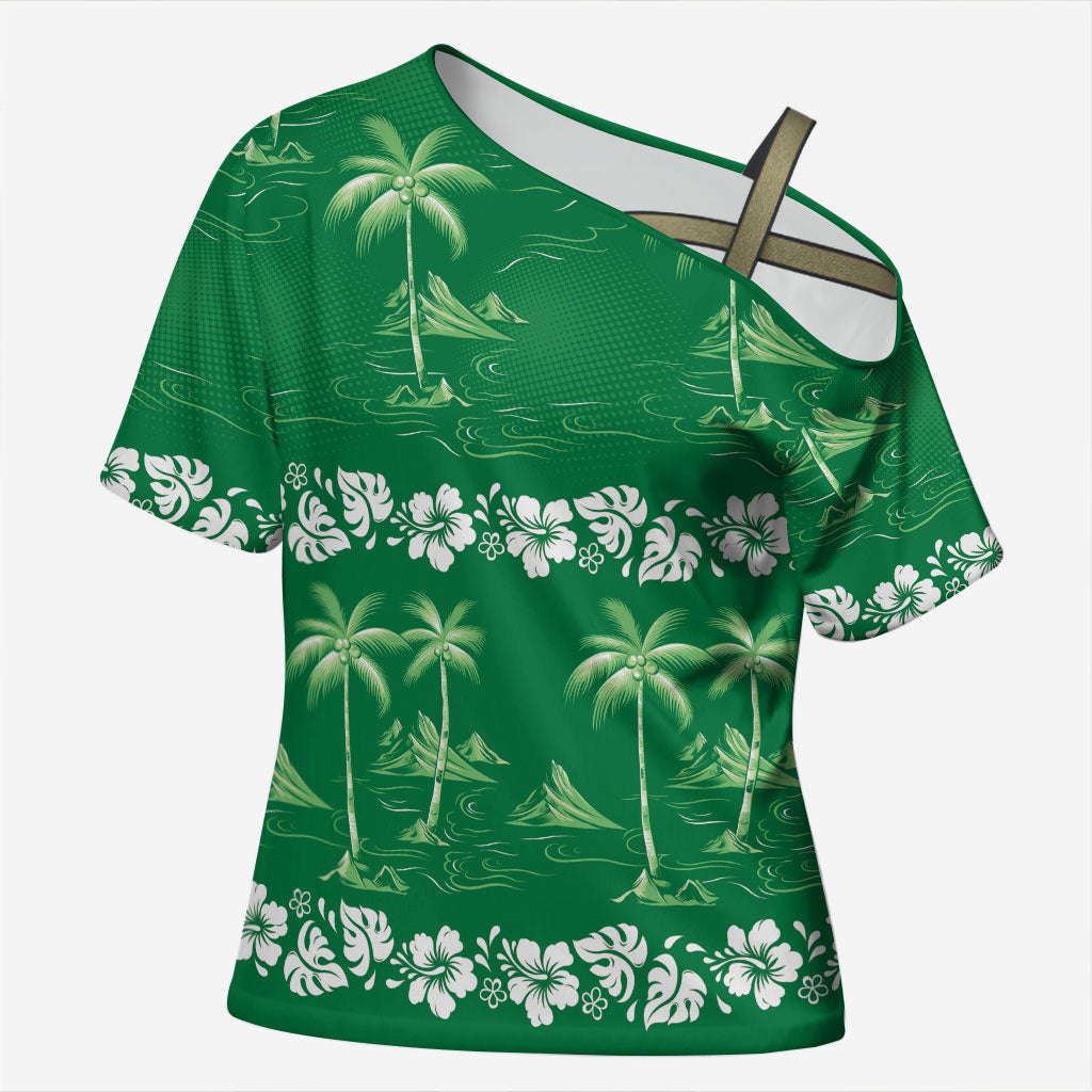 Green Hawaii Palm Tree Hibiscus Cross Shoulder Shirt Fantasy Summer Vibe