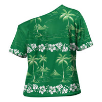 Green Hawaii Palm Tree Hibiscus Cross Shoulder Shirt Fantasy Summer Vibe