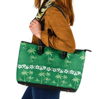 Green Hawaii Palm Tree Hibiscus Leather Tote Bag Fantasy Summer Vibe