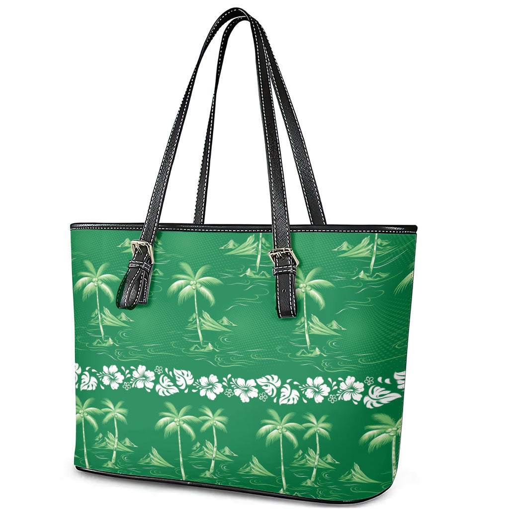 Green Hawaii Palm Tree Hibiscus Leather Tote Bag Fantasy Summer Vibe