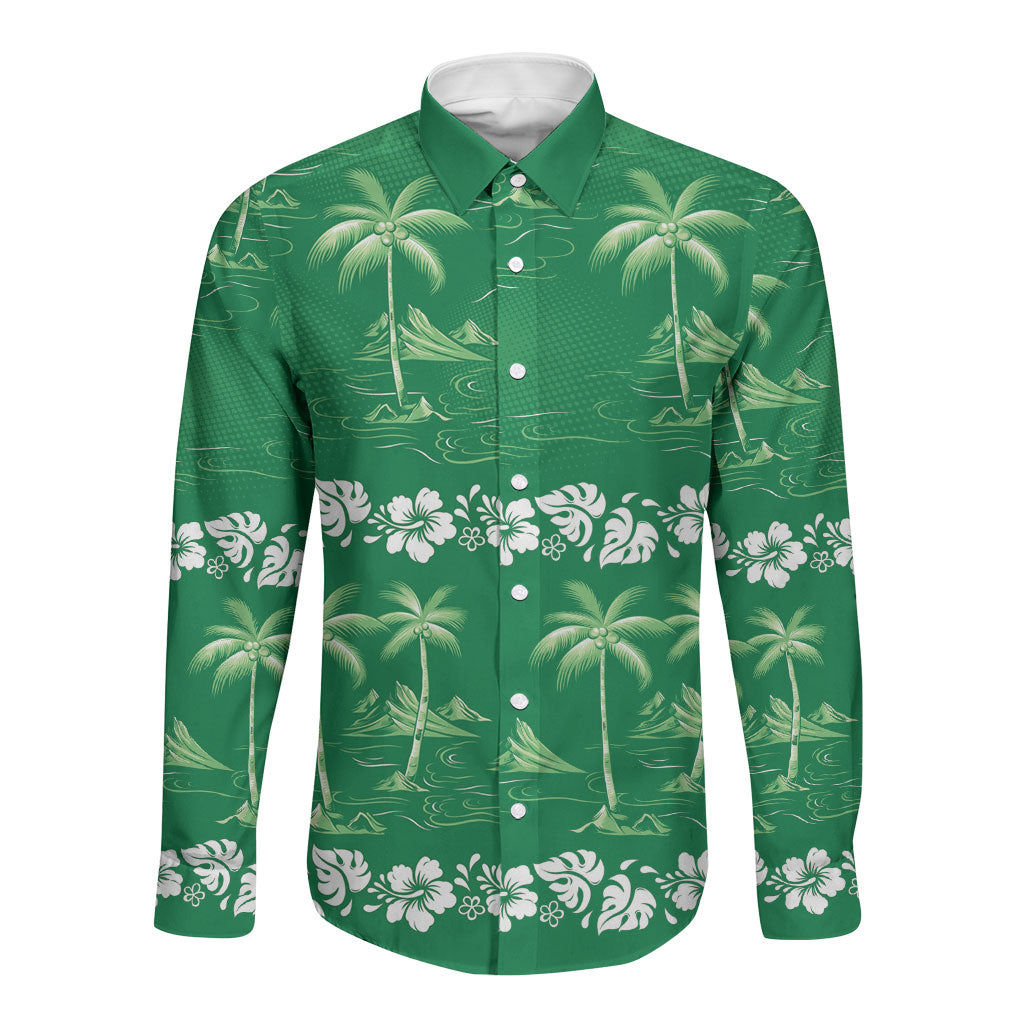 Green Hawaii Palm Tree Hibiscus Long Sleeve Button Shirt Fantasy Summer Vibe