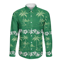 Green Hawaii Palm Tree Hibiscus Long Sleeve Button Shirt Fantasy Summer Vibe