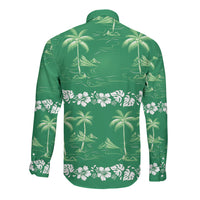 Green Hawaii Palm Tree Hibiscus Long Sleeve Button Shirt Fantasy Summer Vibe