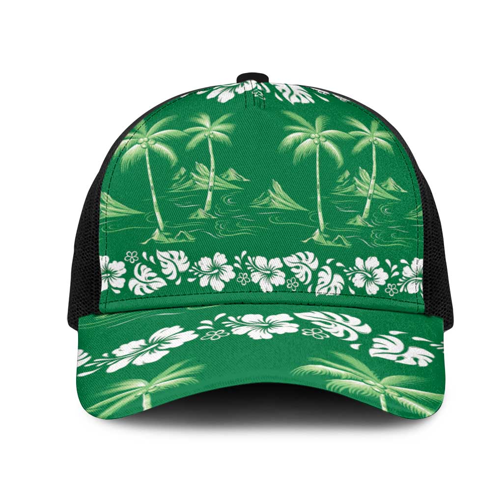 Green Hawaii Palm Tree Hibiscus Mesh Trucker Cap Fantasy Summer Vibe