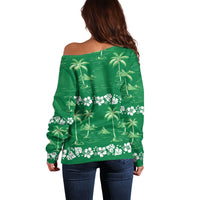 Green Hawaii Palm Tree Hibiscus Off Shoulder Sweater Fantasy Summer Vibe