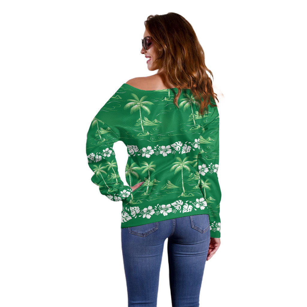 Green Hawaii Palm Tree Hibiscus Off Shoulder Sweater Fantasy Summer Vibe