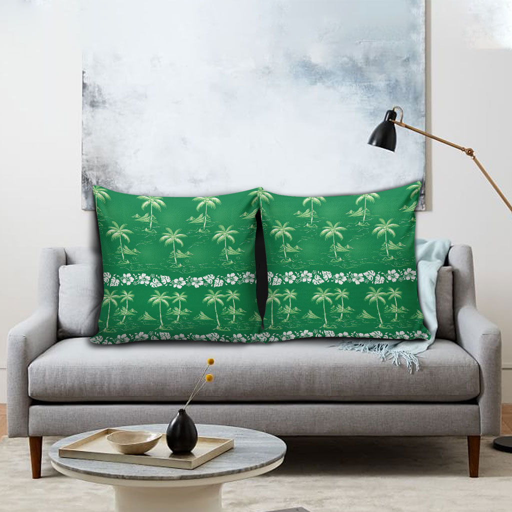 Green Hawaii Palm Tree Hibiscus Pillow Cover Fantasy Summer Vibe