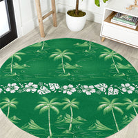 Green Hawaii Palm Tree Hibiscus Round Carpet Fantasy Summer Vibe