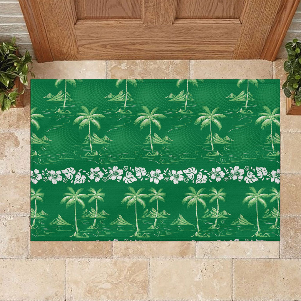 Green Hawaii Palm Tree Hibiscus Rubber Doormat Fantasy Summer Vibe