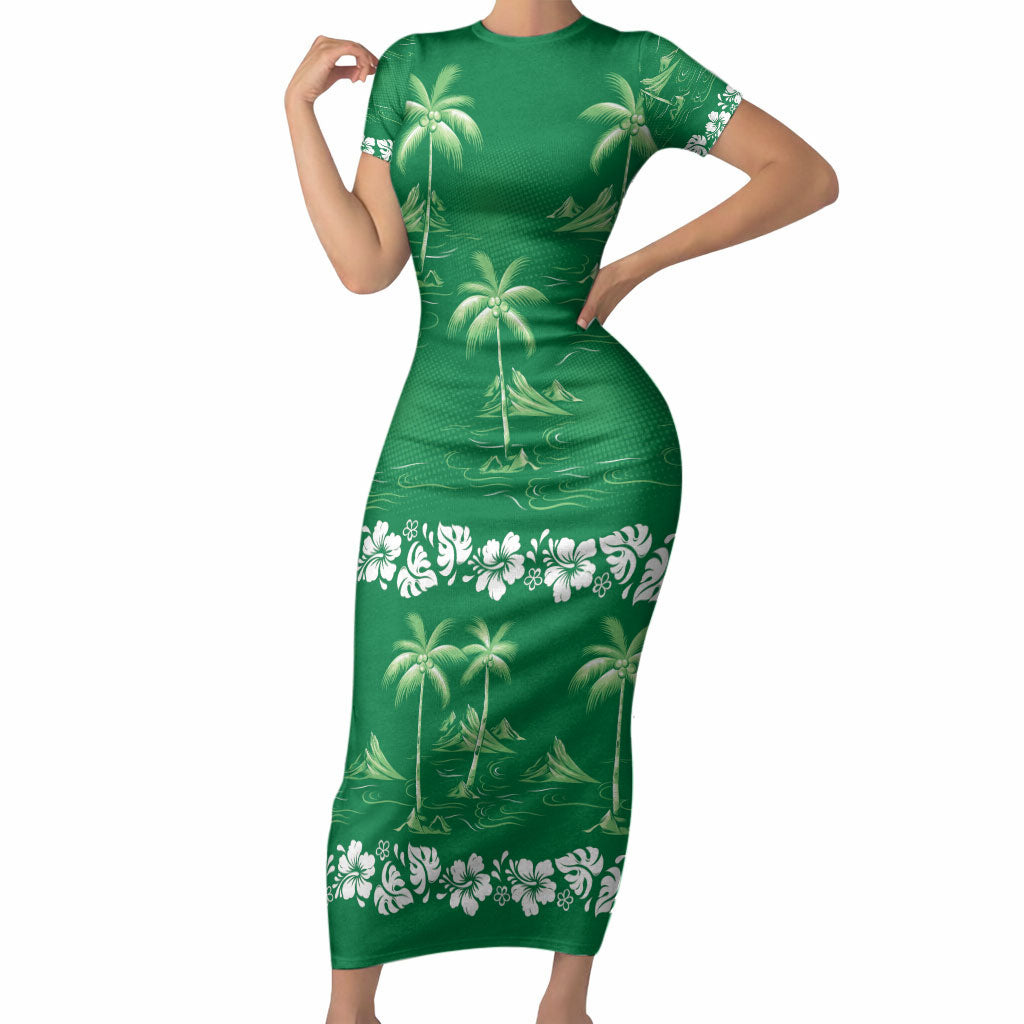 Green Hawaii Palm Tree Hibiscus Short Sleeve Bodycon Dress Fantasy Summer Vibe LT01 Long Dress Green - Polynesian Pride