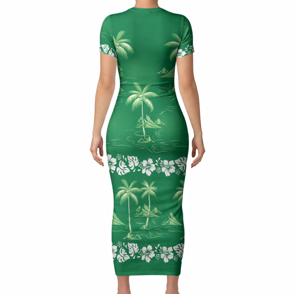 Green Hawaii Palm Tree Hibiscus Short Sleeve Bodycon Dress Fantasy Summer Vibe LT01 - Polynesian Pride