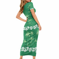 Green Hawaii Palm Tree Hibiscus Short Sleeve Bodycon Dress Fantasy Summer Vibe LT01 - Polynesian Pride