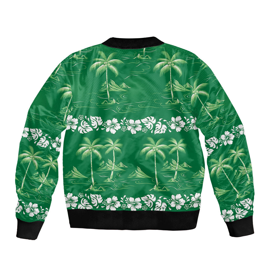 Green Hawaii Palm Tree Hibiscus Sleeve Zip Bomber Jacket Fantasy Summer Vibe