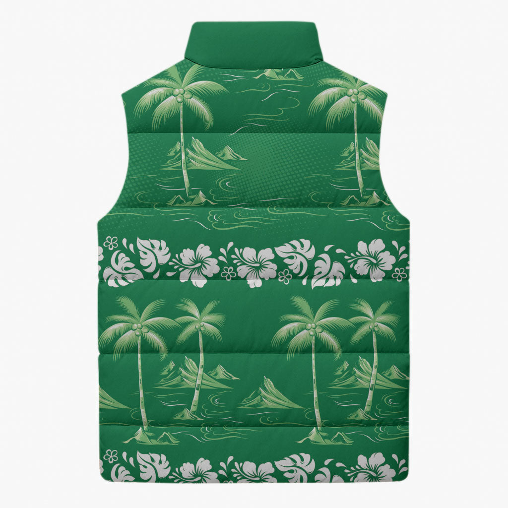 Green Hawaii Palm Tree Hibiscus Sleeveless Puffer Jacket Fantasy Summer Vibe