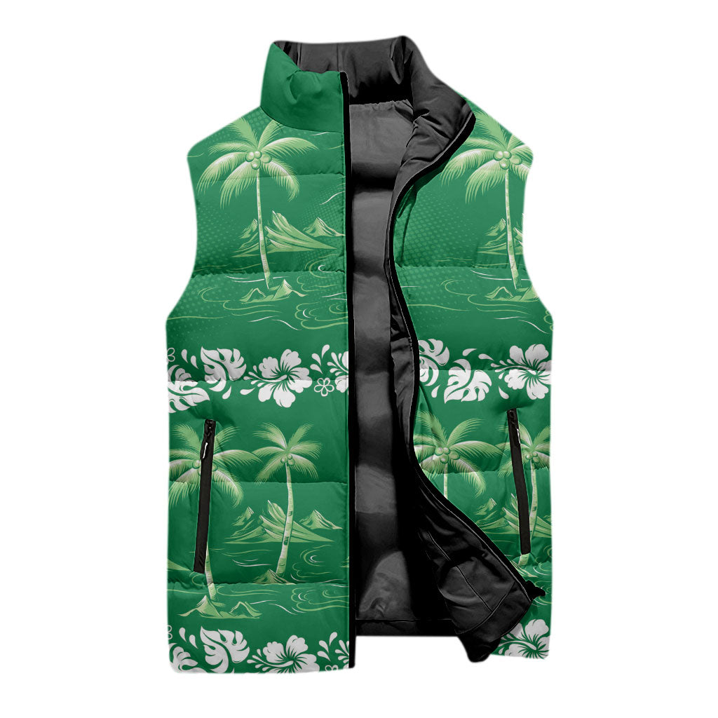 Green Hawaii Palm Tree Hibiscus Sleeveless Puffer Jacket Fantasy Summer Vibe