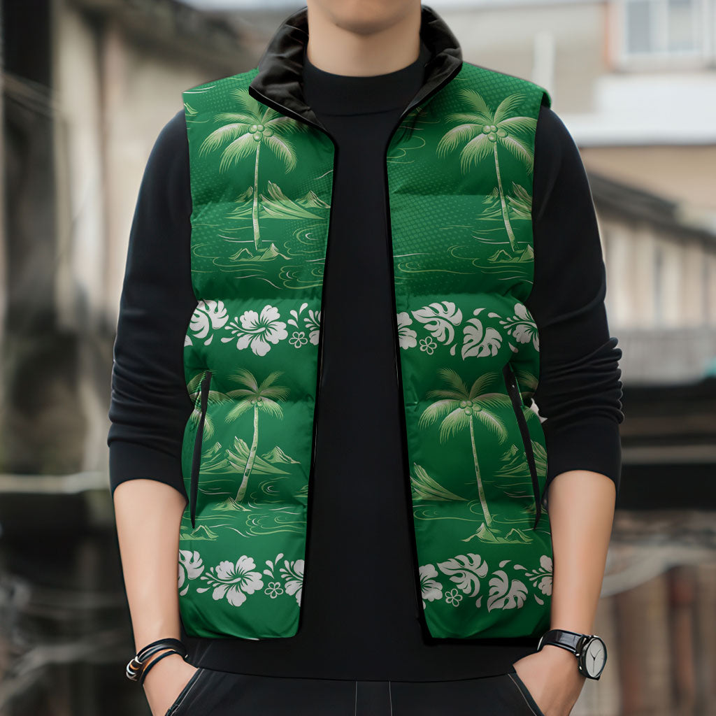 Green Hawaii Palm Tree Hibiscus Sleeveless Puffer Jacket Fantasy Summer Vibe