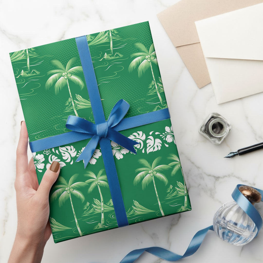 Green Hawaii Palm Tree Hibiscus Wrapping Paper Fantasy Summer Vibe