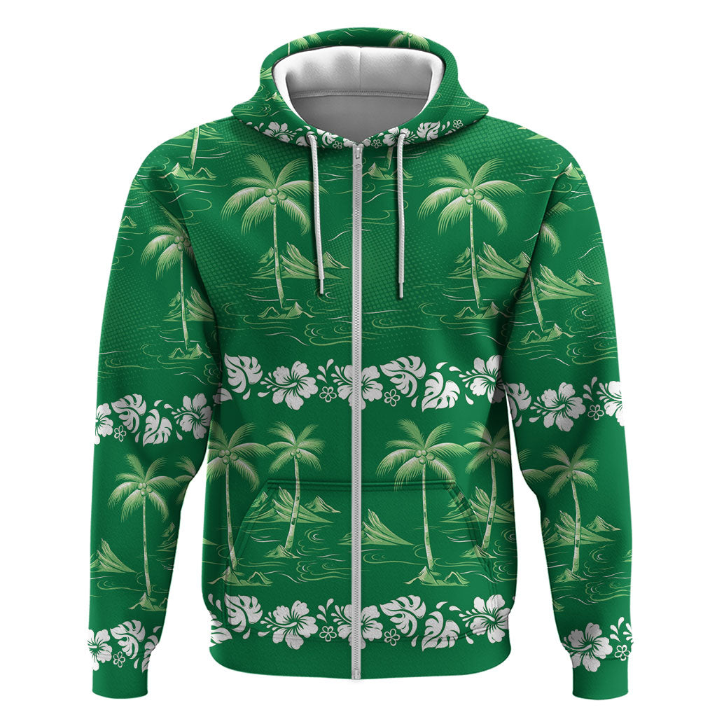 Green Hawaii Palm Tree Hibiscus Zip Hoodie Fantasy Summer Vibe