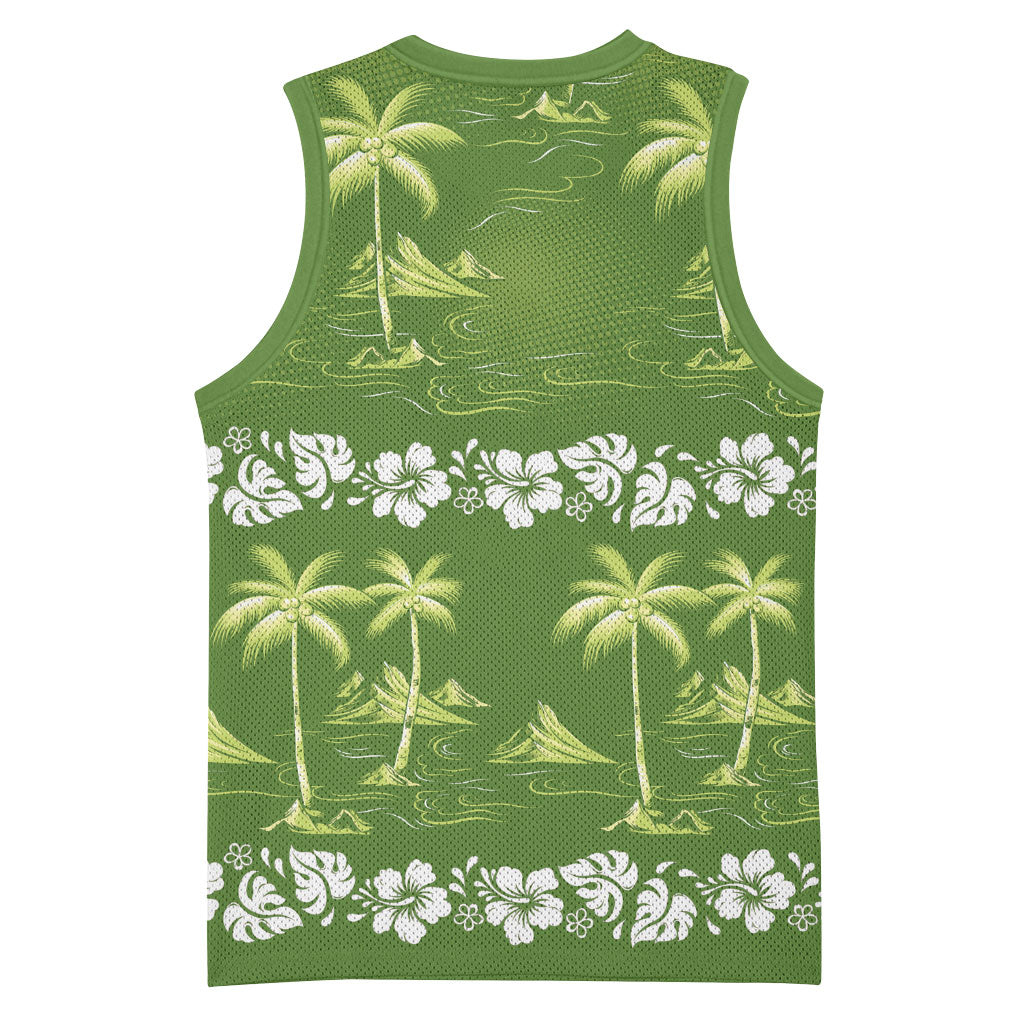 Olive Green Hawaii Palm Tree Hibiscus Basketball Jersey Fantasy Summer Vibe