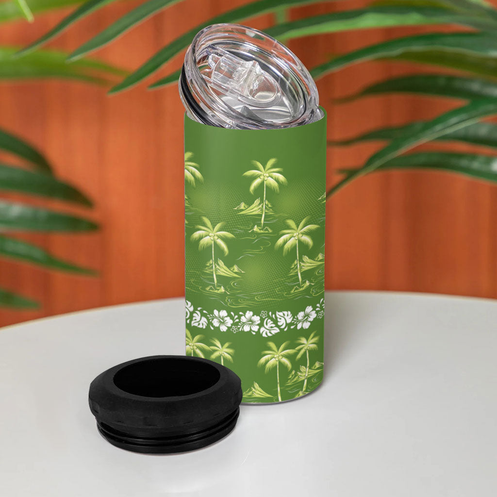 Olive Green Hawaii Palm Tree Hibiscus 4 in 1 Can Cooler Tumbler Fantasy Summer Vibe LT01 - Polynesian Pride