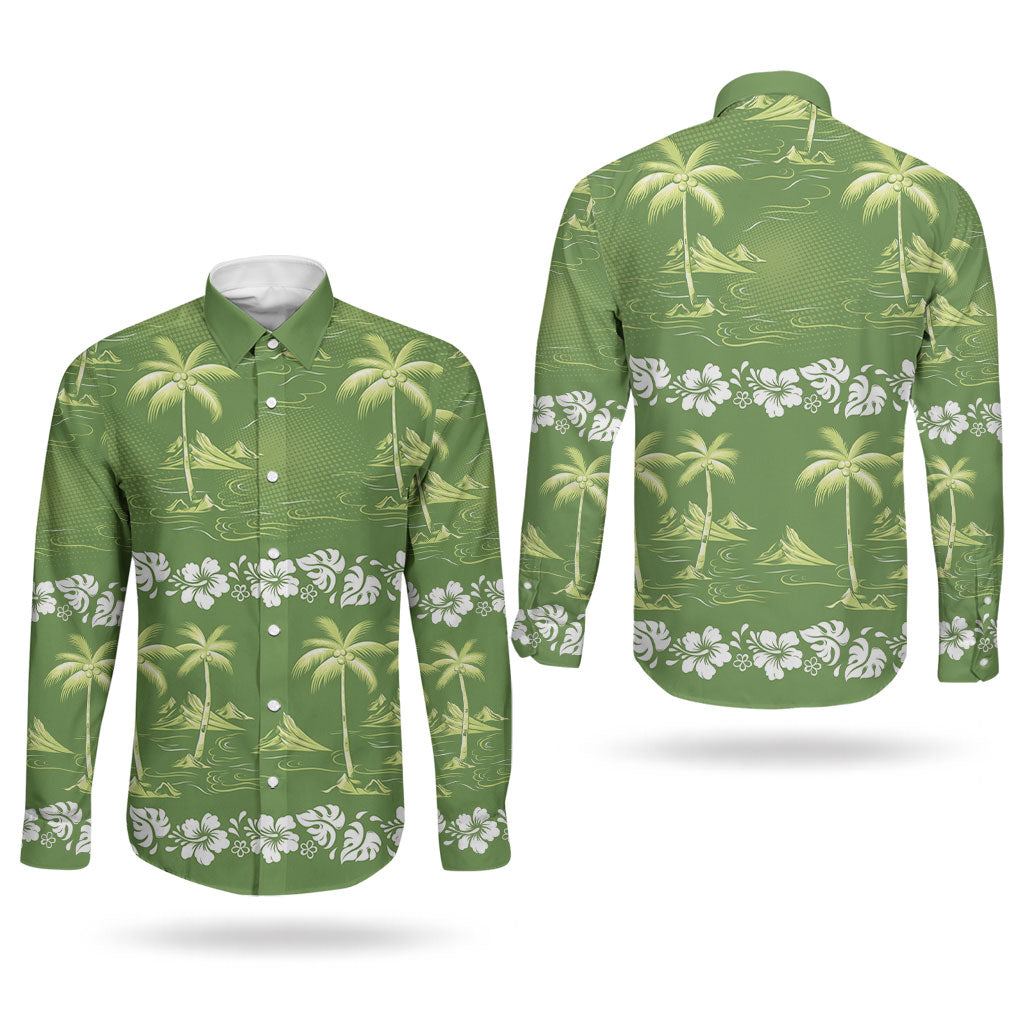 Olive Green Hawaii Palm Tree Hibiscus Couples Matching Off Shoulder Maxi Dress and Long Sleeve Button Shirt Fantasy Summer Vibe LT01 - Polynesian Pride