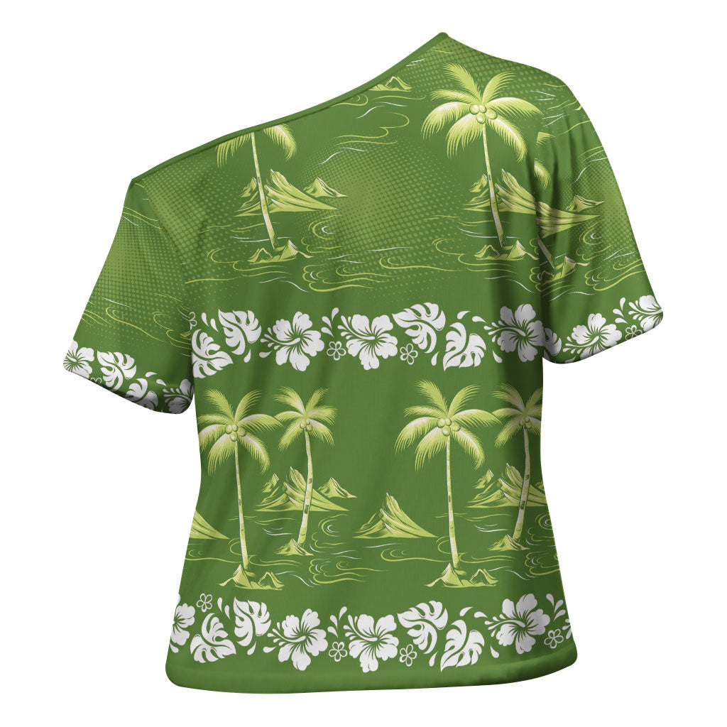 Olive Green Hawaii Palm Tree Hibiscus Cross Shoulder Shirt Fantasy Summer Vibe