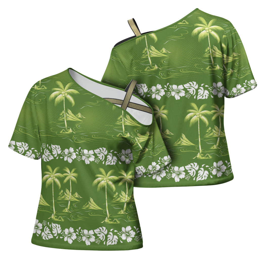 Olive Green Hawaii Palm Tree Hibiscus Cross Shoulder Shirt Fantasy Summer Vibe