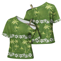 Olive Green Hawaii Palm Tree Hibiscus Cross Shoulder Shirt Fantasy Summer Vibe