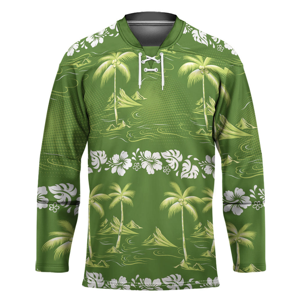 Olive Green Hawaii Palm Tree Hibiscus Hockey Jersey Fantasy Summer Vibe