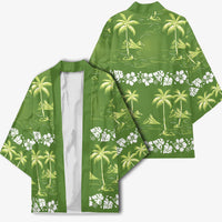 Olive Green Hawaii Palm Tree Hibiscus Kimono Fantasy Summer Vibe