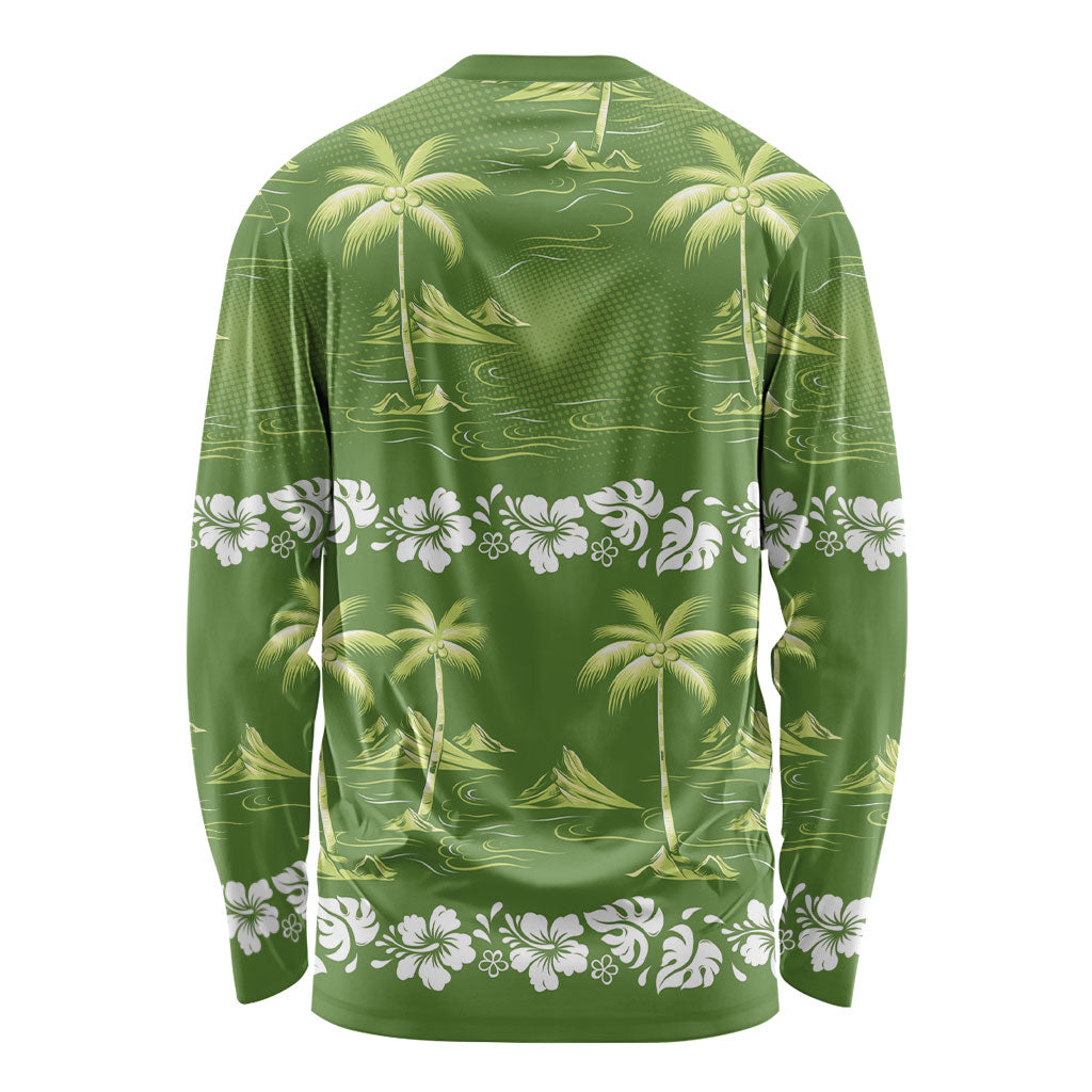 Olive Green Hawaii Palm Tree Hibiscus Long Sleeve Shirt Fantasy Summer Vibe