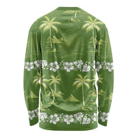 Olive Green Hawaii Palm Tree Hibiscus Long Sleeve Shirt Fantasy Summer Vibe