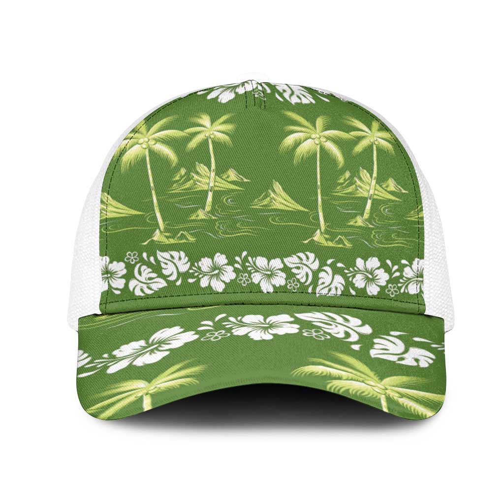 Olive Green Hawaii Palm Tree Hibiscus Mesh Trucker Cap Fantasy Summer Vibe LT01 One Size White Olive - Polynesian Pride