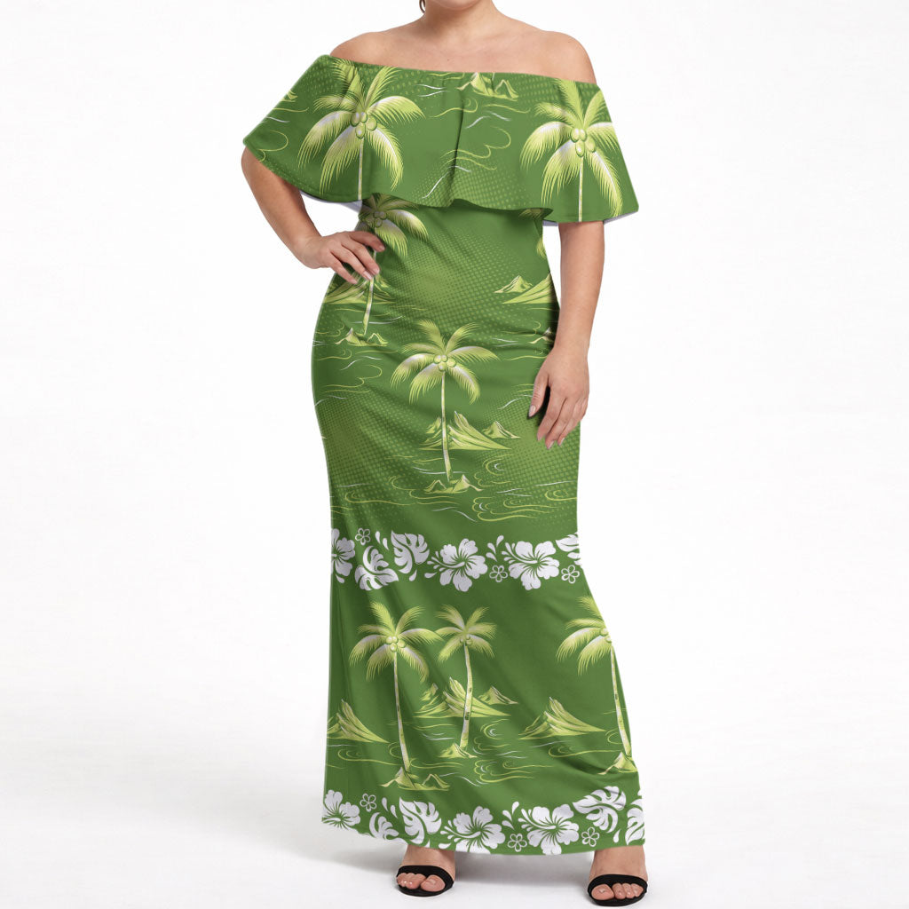 Olive Green Hawaii Palm Tree Hibiscus Off Shoulder Maxi Dress Fantasy Summer Vibe