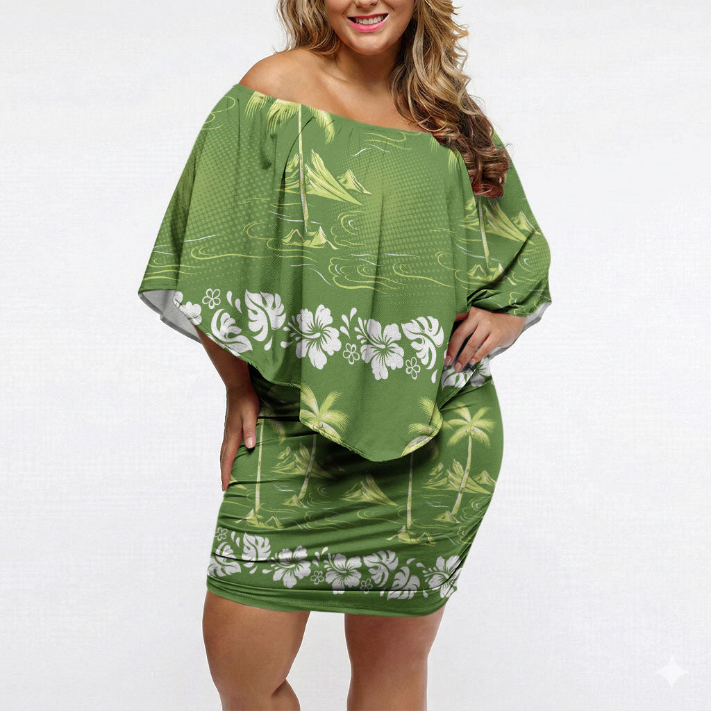 Olive Green Hawaii Palm Tree Hibiscus Off Shoulder Short Dress Fantasy Summer Vibe