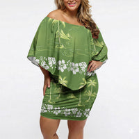 Olive Green Hawaii Palm Tree Hibiscus Off Shoulder Short Dress Fantasy Summer Vibe