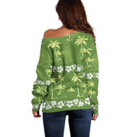 Olive Green Hawaii Palm Tree Hibiscus Off Shoulder Sweater Fantasy Summer Vibe