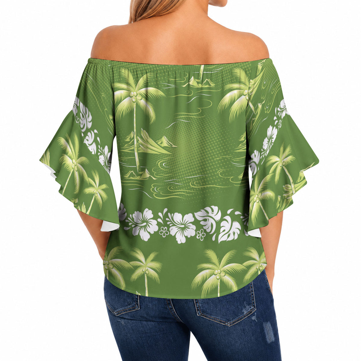 Olive Green Hawaii Palm Tree Hibiscus Off Shoulder Wrap Waist Top Fantasy Summer Vibe