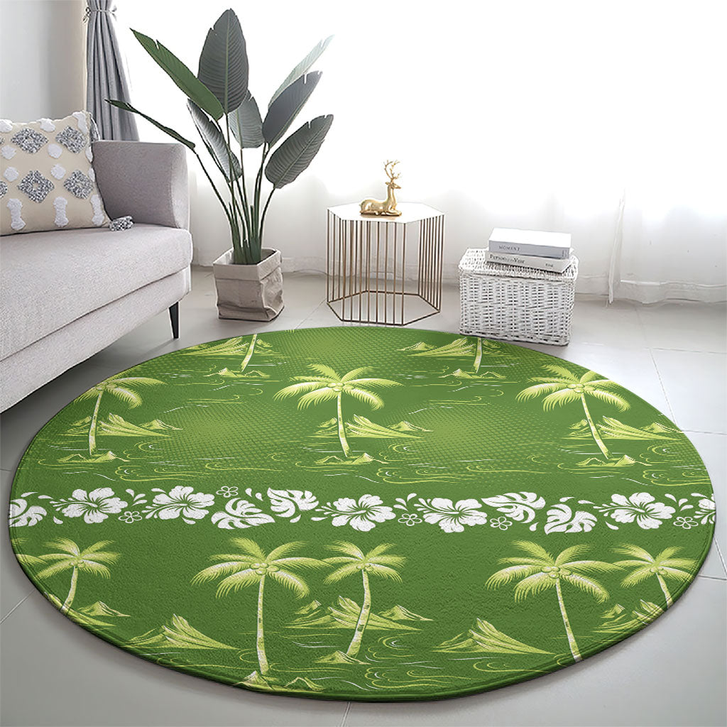 Olive Green Hawaii Palm Tree Hibiscus Round Carpet Fantasy Summer Vibe