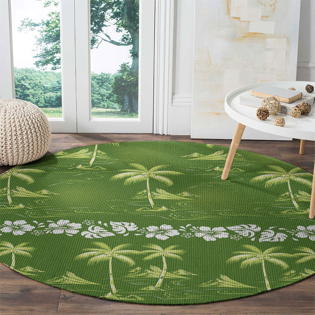 Olive Green Hawaii Palm Tree Hibiscus Round Carpet Fantasy Summer Vibe
