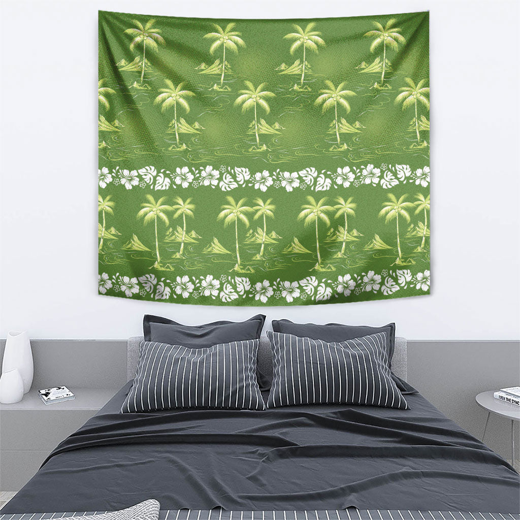 Olive Green Hawaii Palm Tree Hibiscus Tapestry Fantasy Summer Vibe